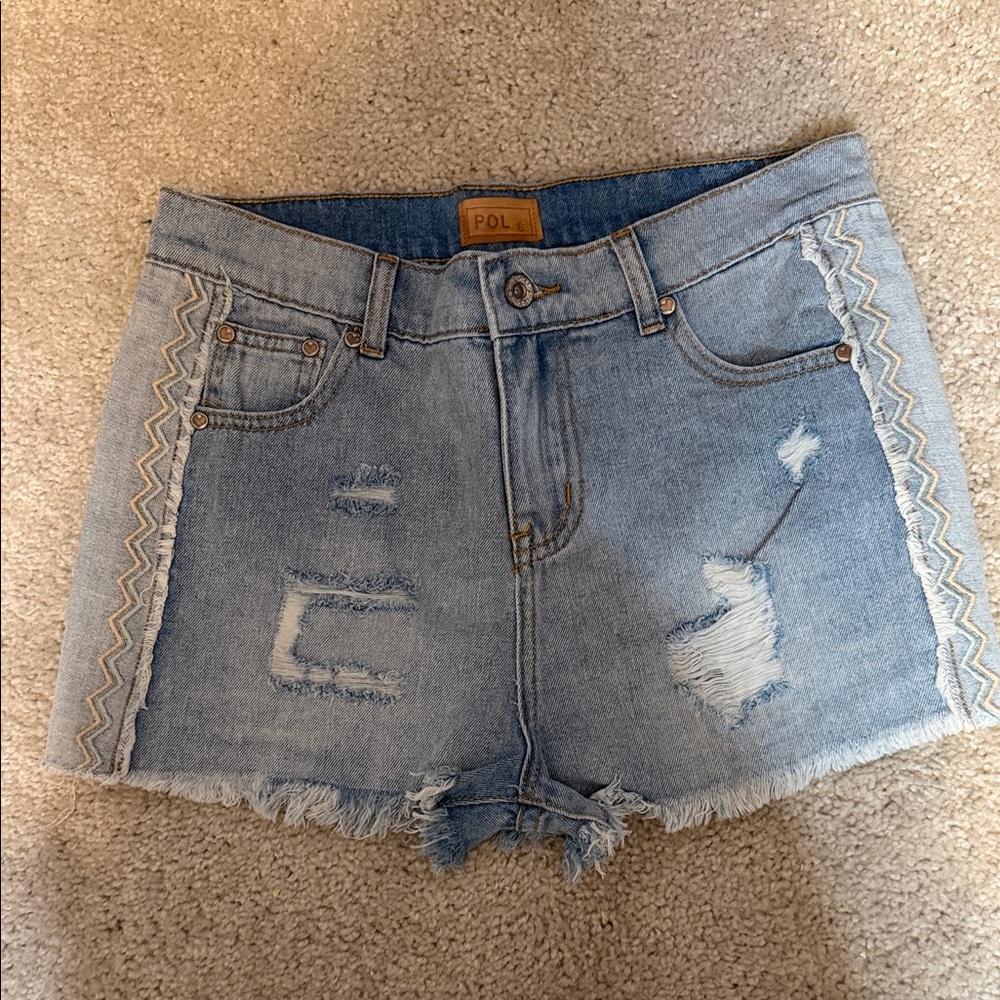 POL Light Blue Distressed Denim Shorts with Embroidered Zigzag Trim